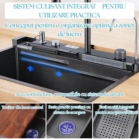 Chiuveta bucatarie multifunctionala smart BadenMob, 1 cuva, inox auriu, afisaj digital, doua cascade, spalator pahare, dozator detergent, baterie extensibila cu 3 functii, tocator, tava si sita inclusa, antizgarieturi, sistem preaplin, 75 x 45 x 22 cm