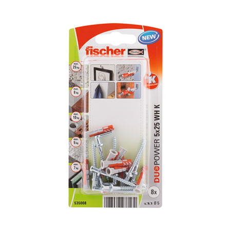 Diblu cu surub cap L Fischer Duopower, nylon, 5 x 25 mm, 8 bucati