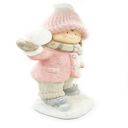 Figurina ceramica decorativa de Craciun baiat cu glob iluminat LED, bej + roz, 50 cm Figurina ceramica decorativa de Craciun baiat cu glob iluminat LED, bej + roz, 50 cm