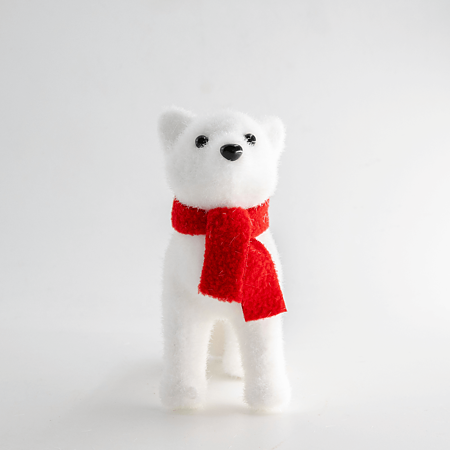 Decoratiune iarna catel cu fular, alb si rosu, 11.5 cm