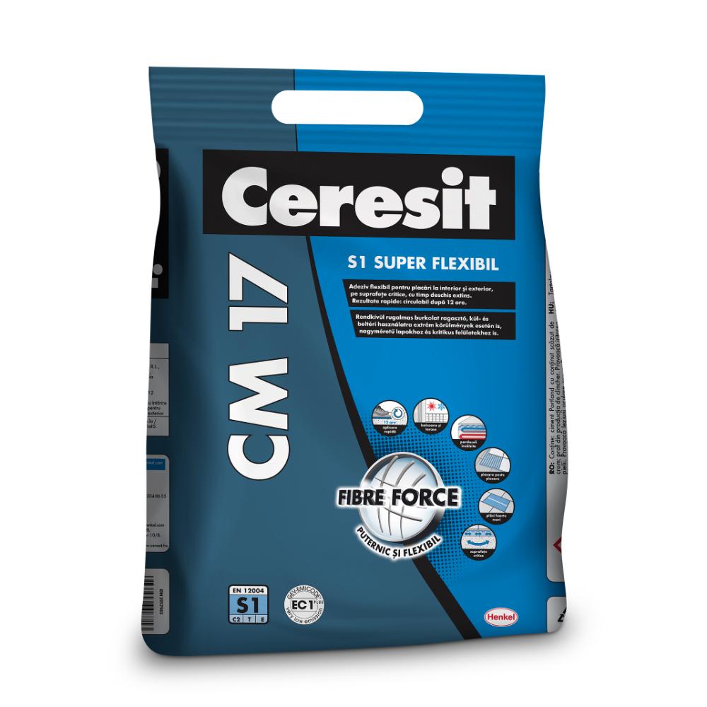 Adeziv flexibil piatra naturala si placari ceramice Ceresit CM 17, interior/exterior, gri, 5 kg