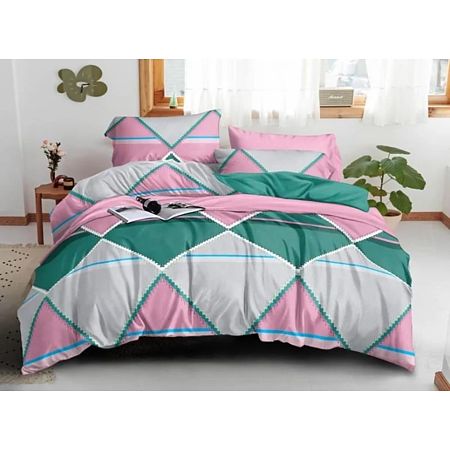 Lenjerie de pat pentru 2 persoane BS019, microfibra, 4 piese, verde/roz