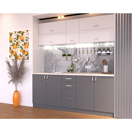 Mobila de bucatarie New - City PAL melaminat, alb/gri, blat inclus, lungime 2 m
