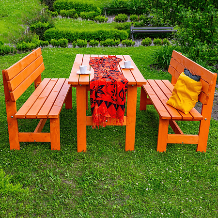Set gradina masa si 2 banci Bucinmob Wiesbaden, lemn rasinoase, cires, 150 x 70 cm