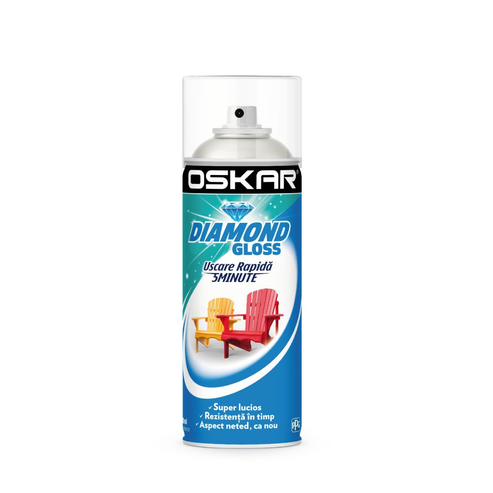 Vopsea spray pentru lemn / metal / ceramica Oskar Diamond Gloss, alb RAL 9010, lucios, interior/exterior, 400 ml 400
