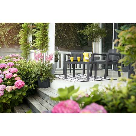 Set mobilier de gradina/balcon, 3 piese, Keter Emily, plastic, 2 scaune 68 x 64 x 75cm, masa 65 x 47 x 42cm, gri antracit Set mobilier de gradina/balcon, 3 piese, Keter Emily, plastic, 2 scaune 68 x 64 x 75cm, masa 65 x 47 x 42cm, gri antracit
